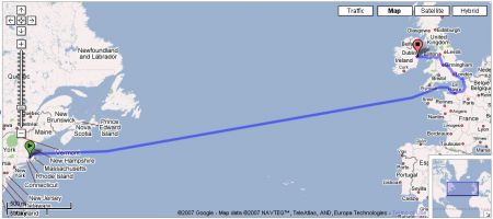 실험 2. 역시 뉴욕보다 북동쪽의 로드 아일랜드(Rhode Island)에서 아일랜드의 더블린(Dublin)까지.